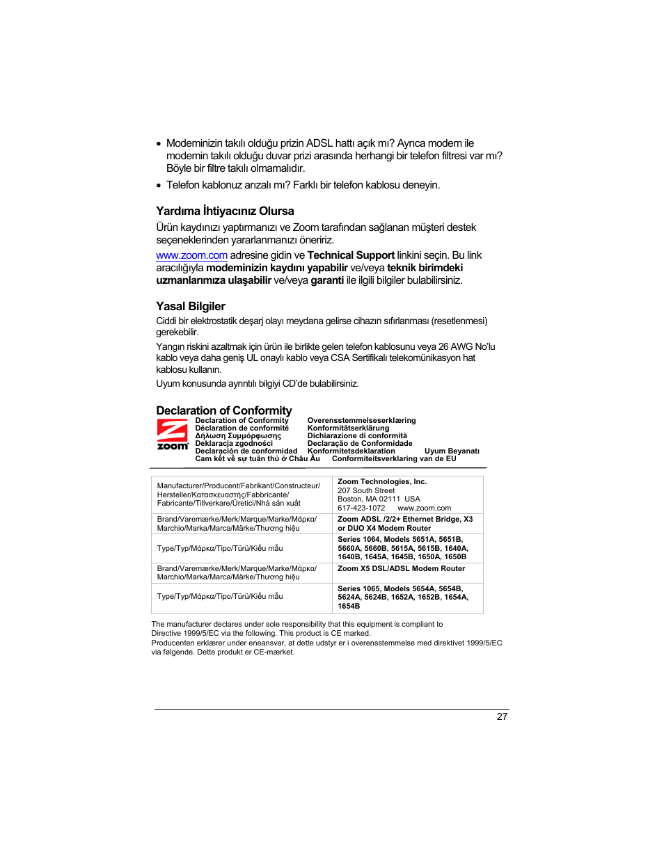 Yardıma ihtiyacınız olursa, Yasal bilgiler, Zoom x5 dsl/adsl modem router | Declaration of conformity | Zoom 1640A User Manual | Page 27 / 28