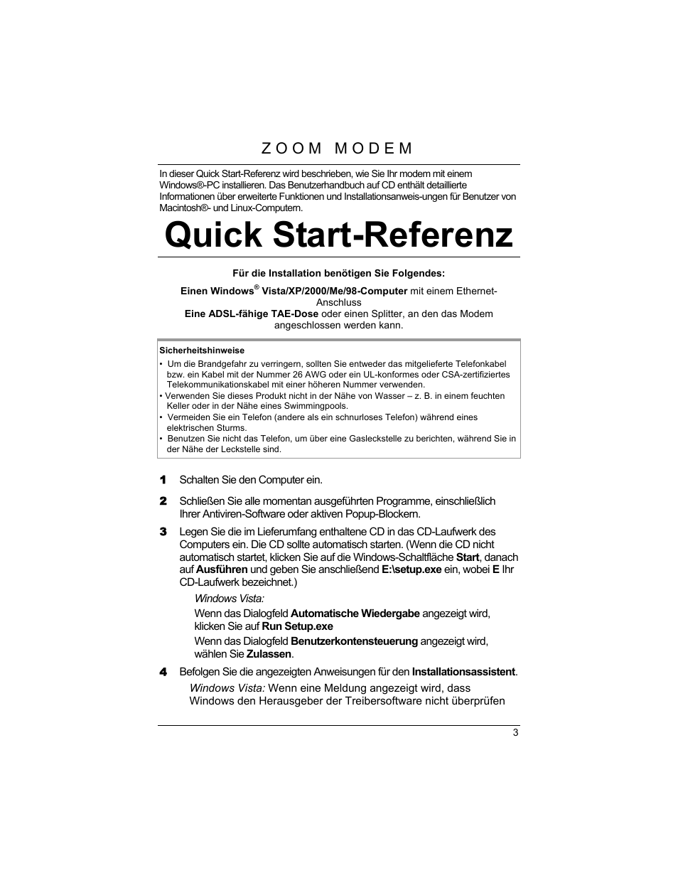 Quick start-referenz | Zoom 1640A User Manual | Page 3 / 28