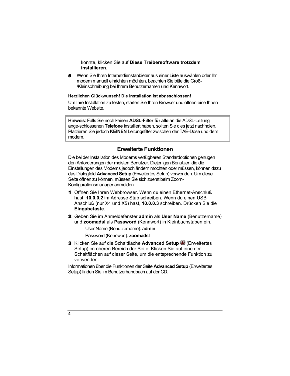 Erweiterte funktionen | Zoom 1640A User Manual | Page 4 / 28