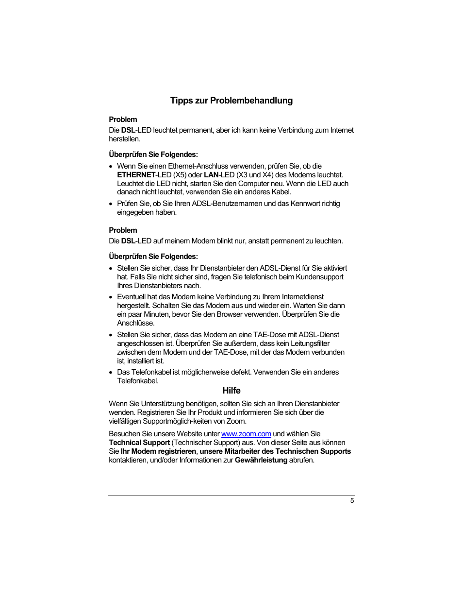 Tipps zur problembehandlung, Problem, Überprüfen sie folgendes | Hilfe | Zoom 1640A User Manual | Page 5 / 28