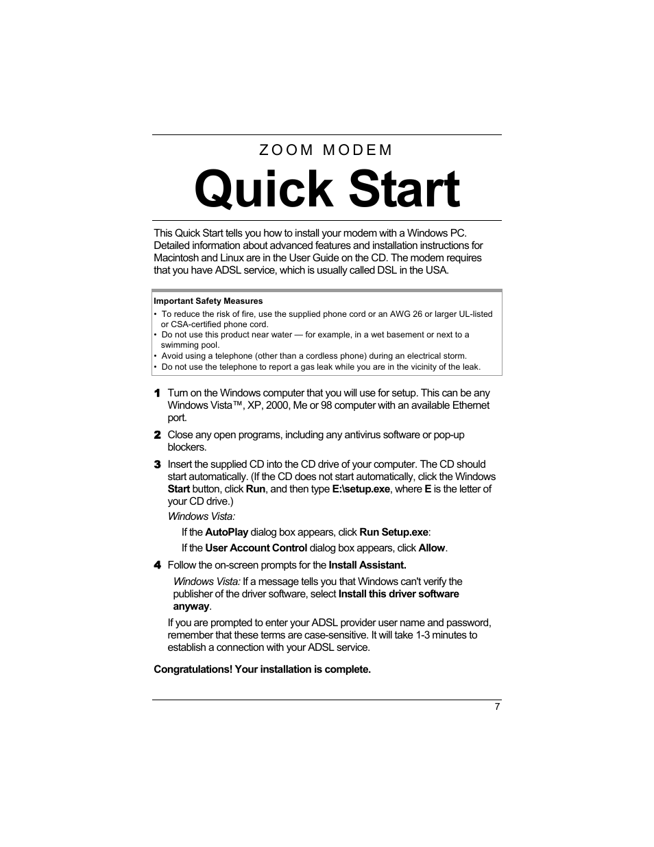 Quick start | Zoom 1640A User Manual | Page 7 / 28