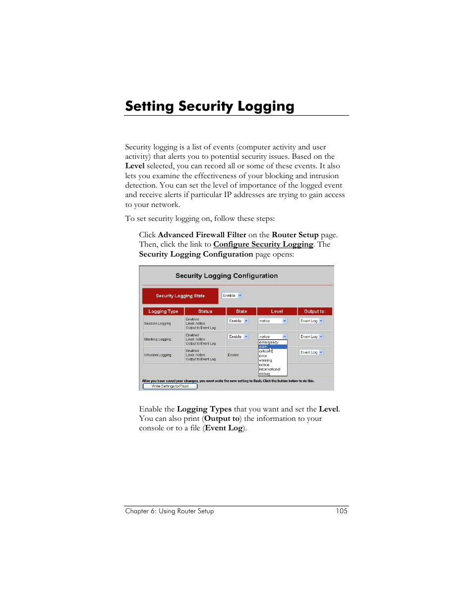 Setting security logging, What is security logging | Zoom ADSL X6v 5697 User Manual | Page 105 / 166