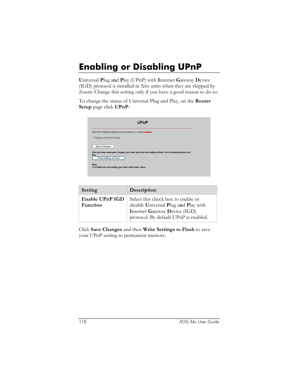 Enabling or disabling upnp | Zoom ADSL X6v 5697 User Manual | Page 118 / 166