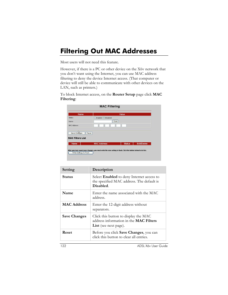 Filtering out mac addresses | Zoom ADSL X6v 5697 User Manual | Page 122 / 166