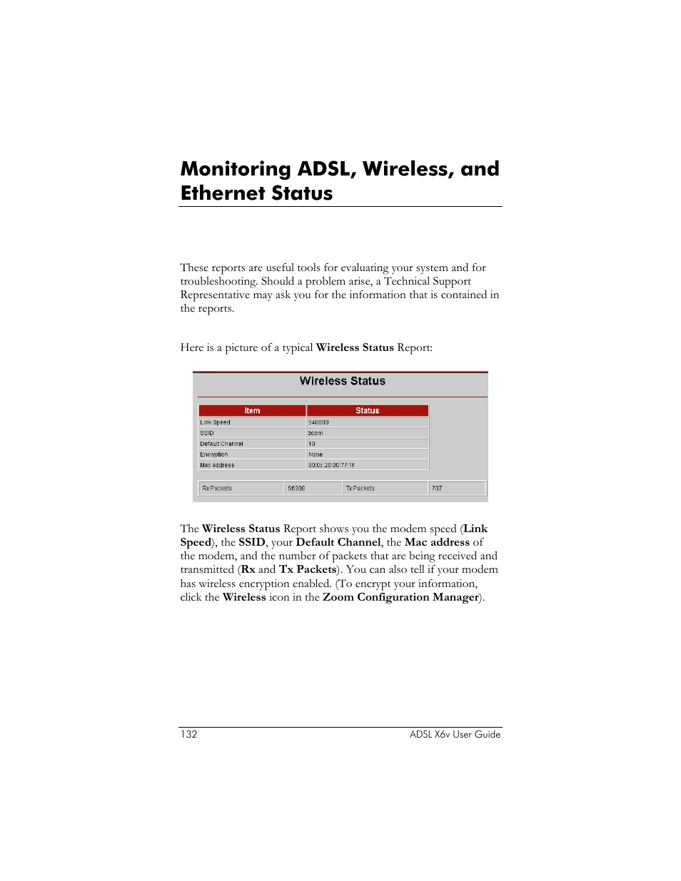 Monitoring adsl, wireless, and ethernet status, Wireless status report | Zoom ADSL X6v 5697 User Manual | Page 132 / 166