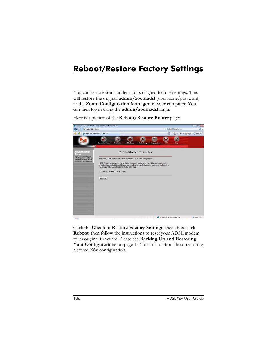 Reboot/restore factory settings, How do i restore my modem's factory settings, Restore/reset factory settings | Zoom ADSL X6v 5697 User Manual | Page 136 / 166