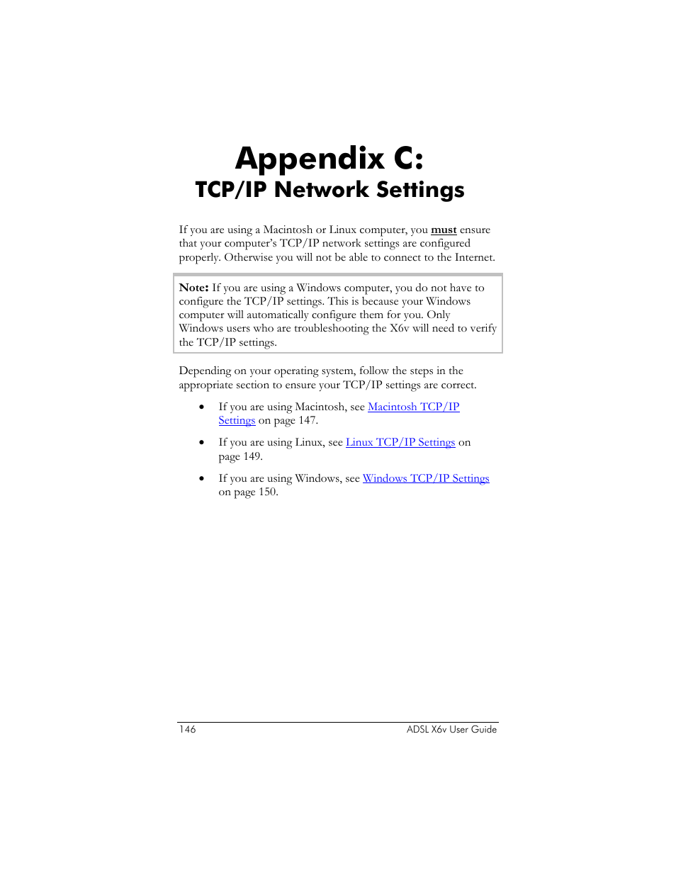 Appendix c: tcp/ip network settings, Appendix c, Tcp/ip network settings | Zoom ADSL X6v 5697 User Manual | Page 146 / 166