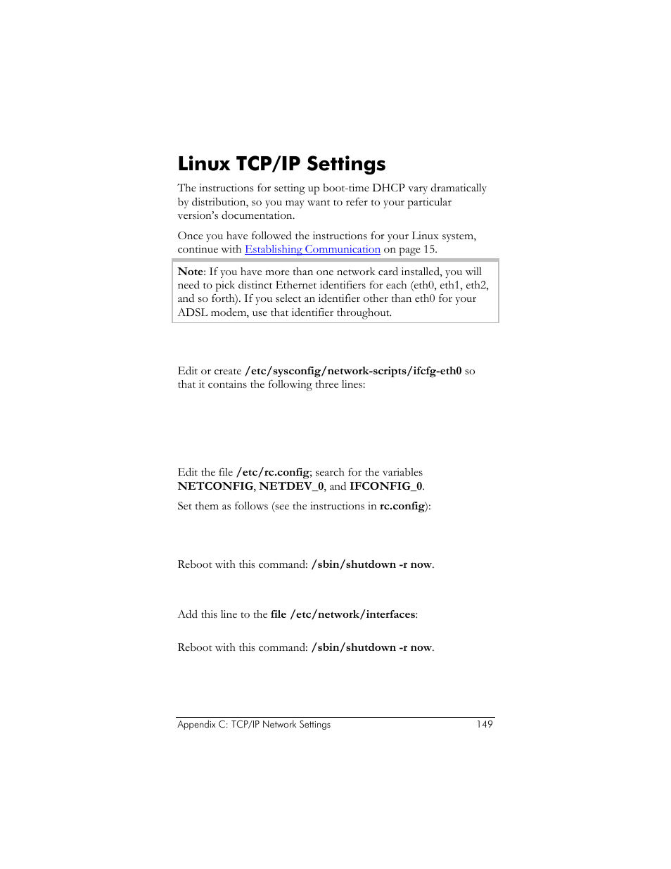 Redhat, Suse, Debian | Linux tcp/ip settings, Linux tcp/ip settings on pag, G windows, see, Windows tcp/ip settings | Zoom ADSL X6v 5697 User Manual | Page 149 / 166