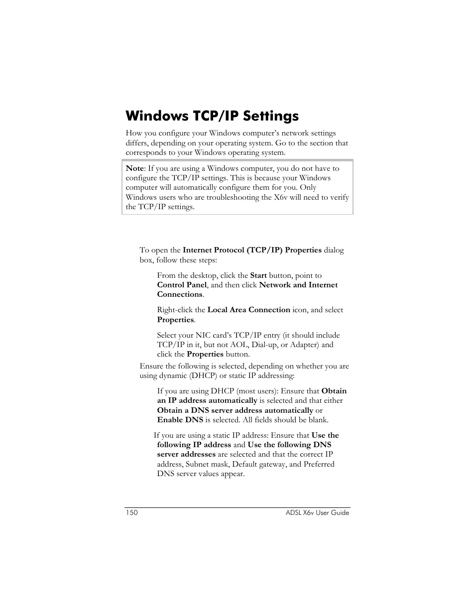 Windows xp, Windows tcp/ip settings, Ge 150 | Zoom ADSL X6v 5697 User Manual | Page 150 / 166