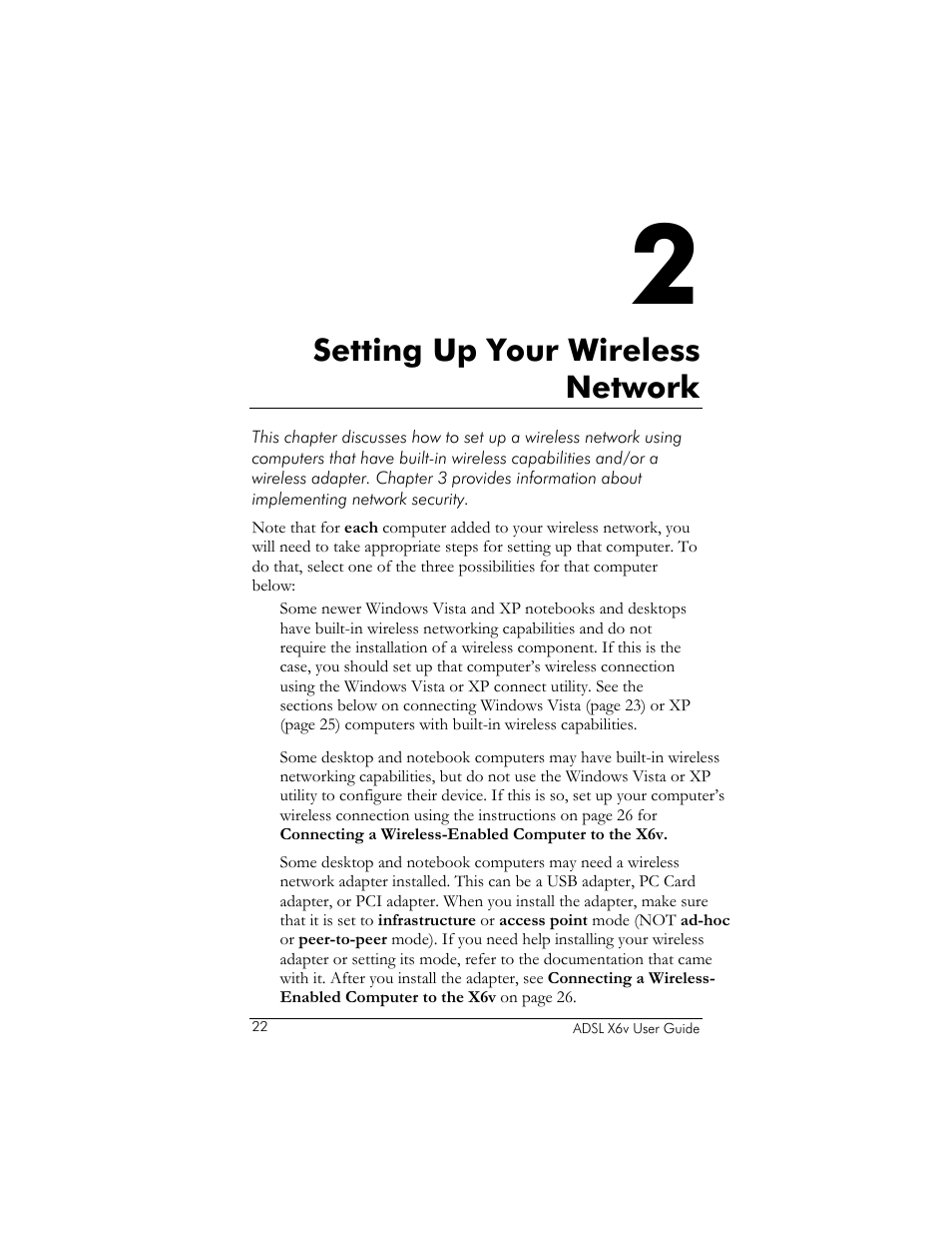 Setting up your wireless network, Wireless network, see, Chapter 2 : setting up your | Wireless network | Zoom ADSL X6v 5697 User Manual | Page 22 / 166