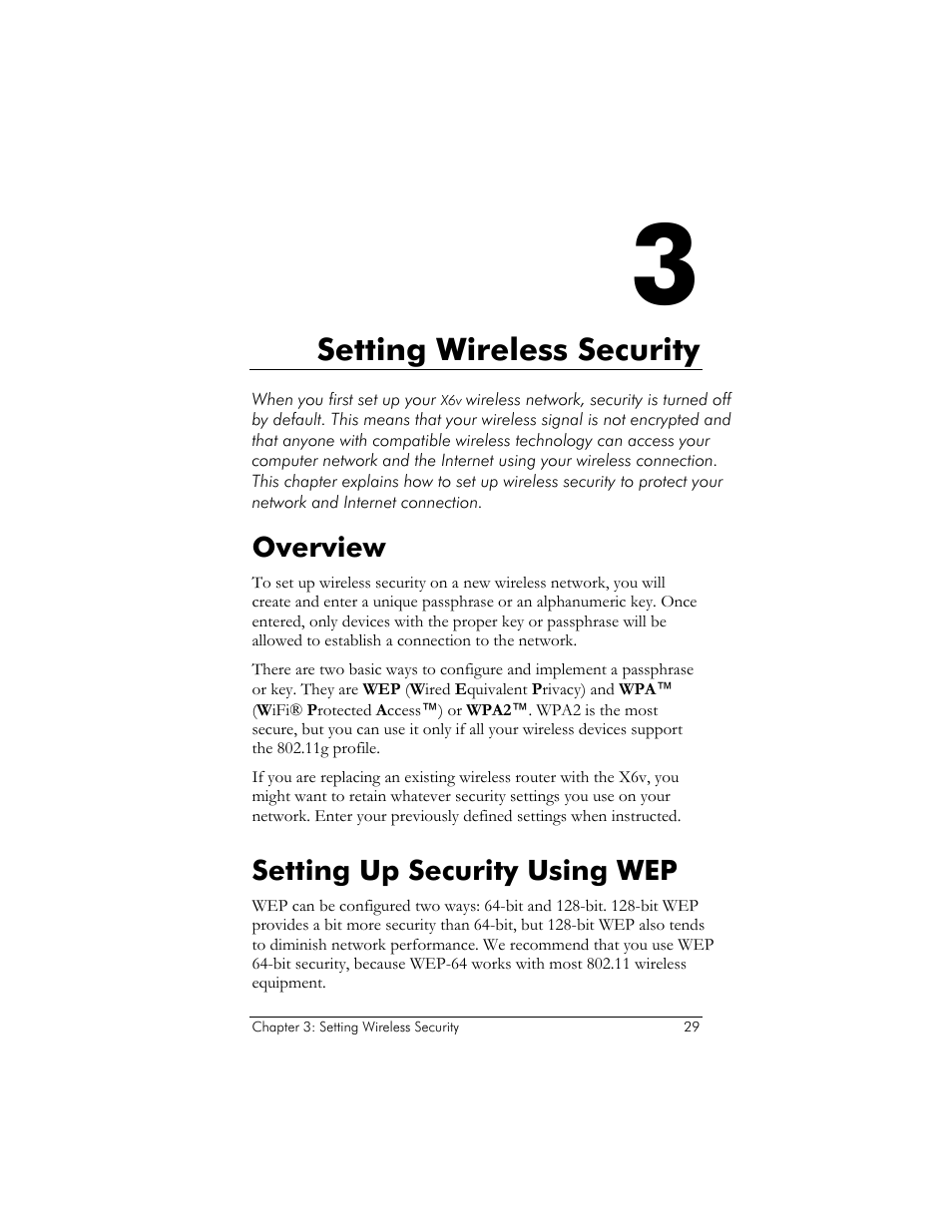 Overview, Setting up security using wep, Setting wireless security | Setting, Wireless security, Add security to your network, see, Ge 29 | Zoom ADSL X6v 5697 User Manual | Page 29 / 166