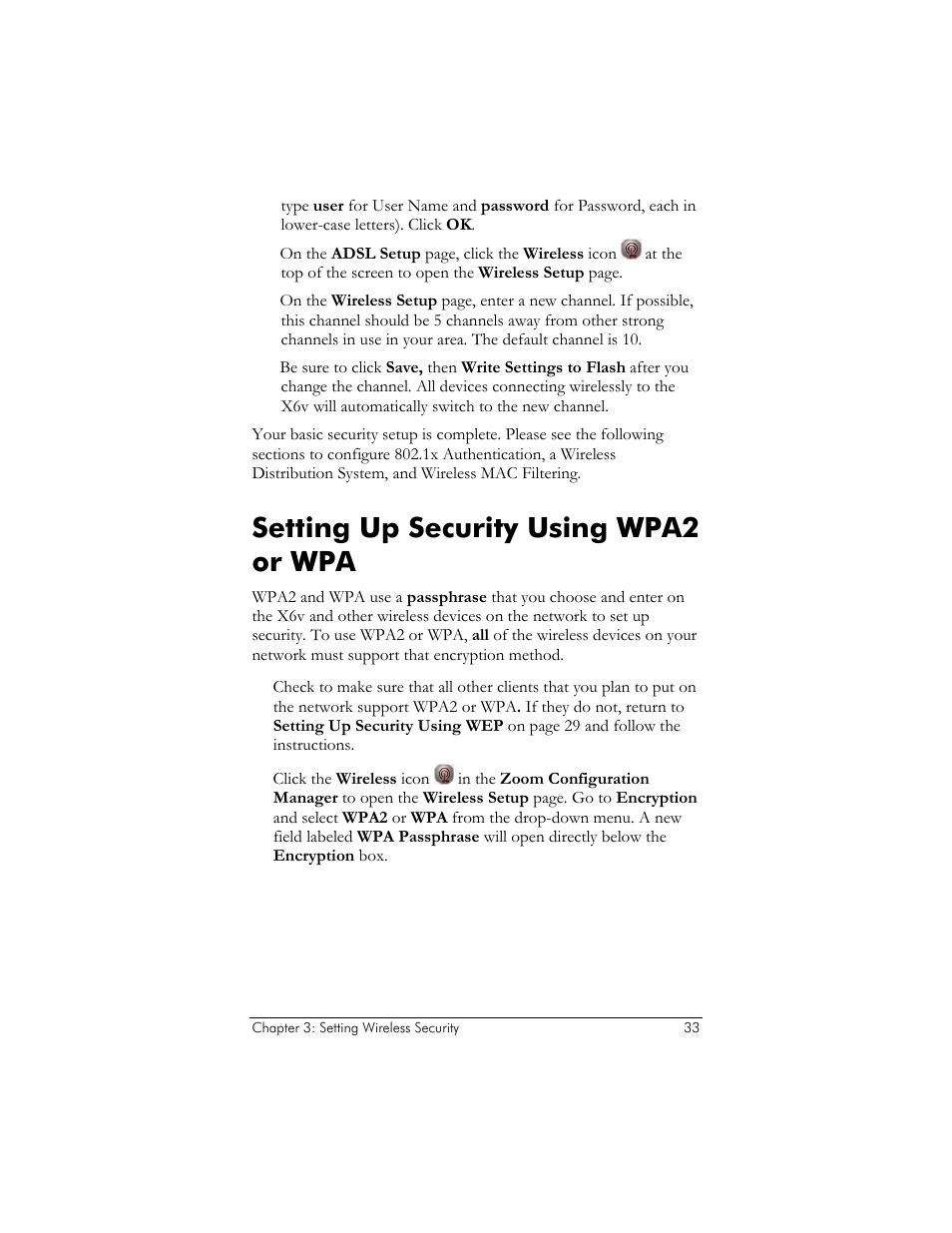 Setting up security using wpa2 or wpa | Zoom ADSL X6v 5697 User Manual | Page 33 / 166