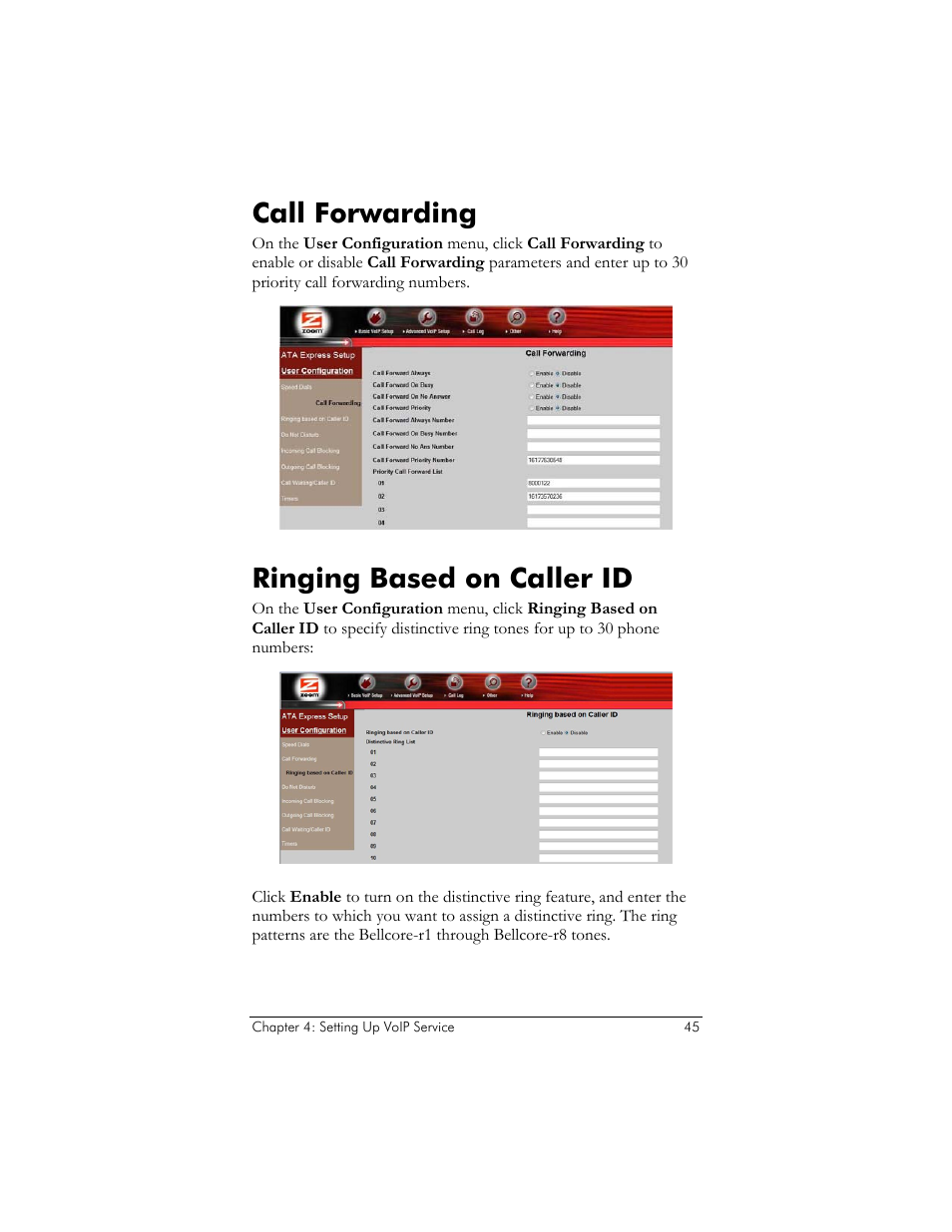 Call forwarding, Ringing based on caller id | Zoom ADSL X6v 5697 User Manual | Page 45 / 166