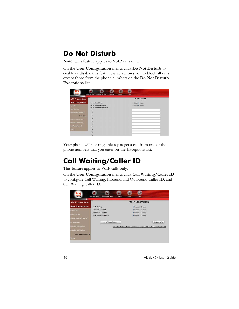 Do not disturb, Call waiting/caller id | Zoom ADSL X6v 5697 User Manual | Page 46 / 166