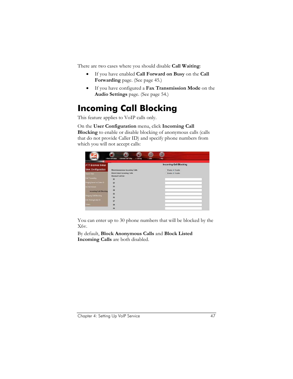 Incoming call blocking | Zoom ADSL X6v 5697 User Manual | Page 47 / 166