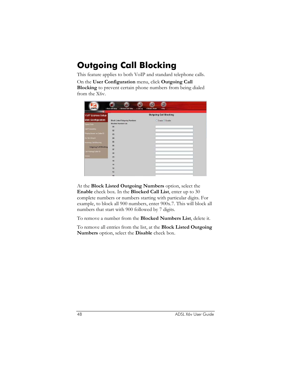 Outgoing call blocking | Zoom ADSL X6v 5697 User Manual | Page 48 / 166