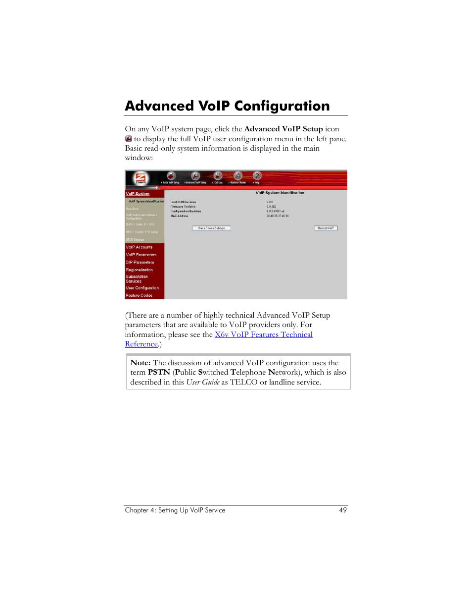 Advanced voip configuration | Zoom ADSL X6v 5697 User Manual | Page 49 / 166