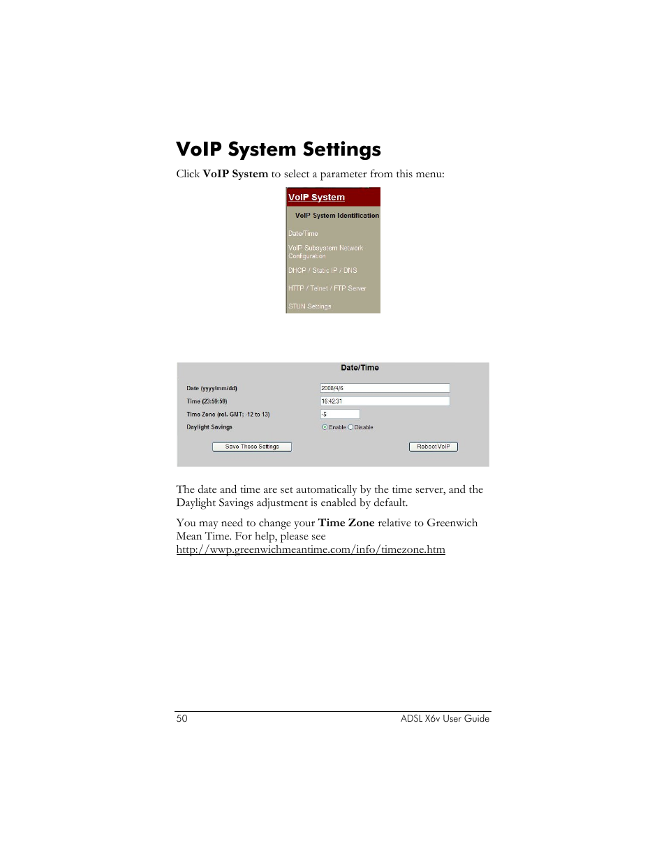 Voip system settings, Date/time | Zoom ADSL X6v 5697 User Manual | Page 50 / 166