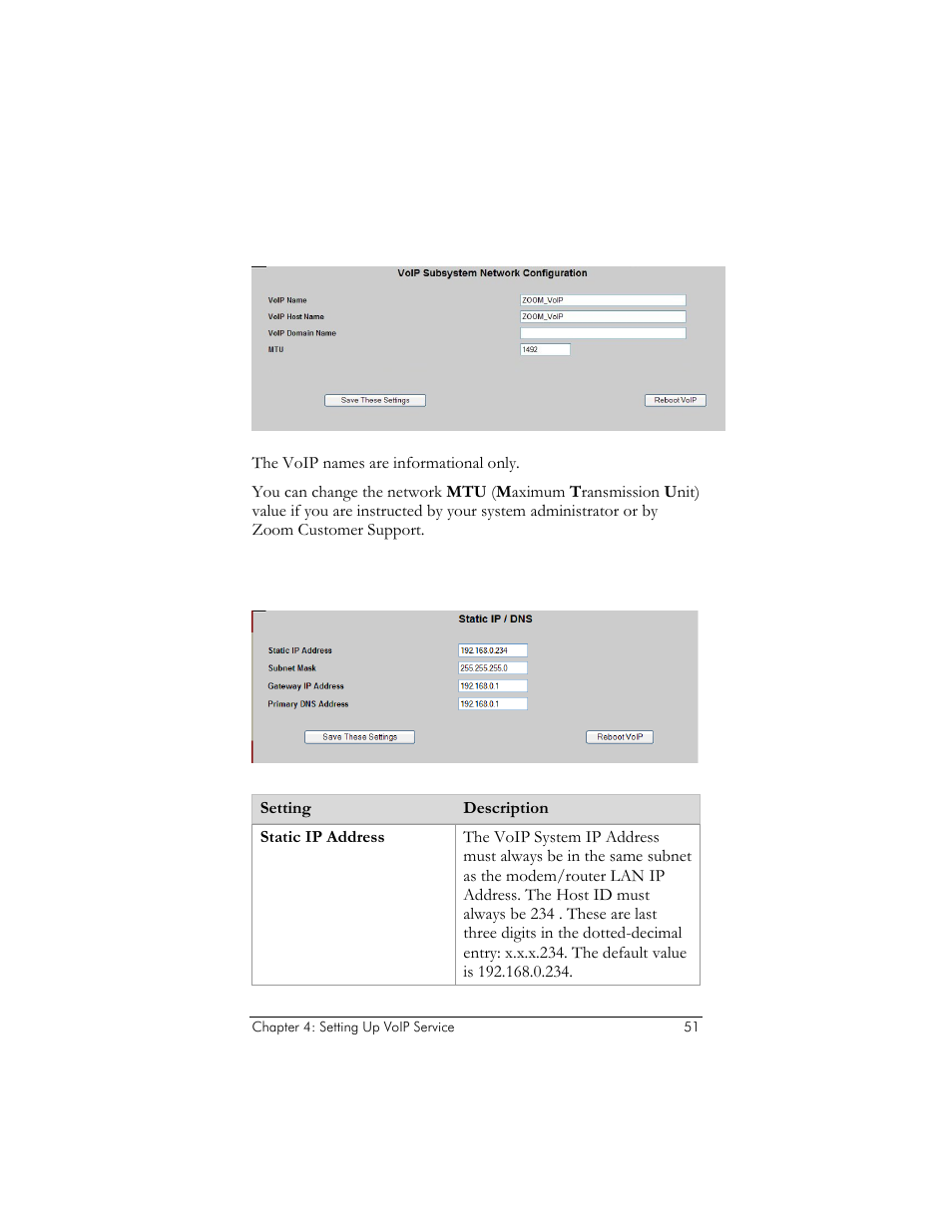 Voip subsystem network configuration, Static ip / dns configuration | Zoom ADSL X6v 5697 User Manual | Page 51 / 166