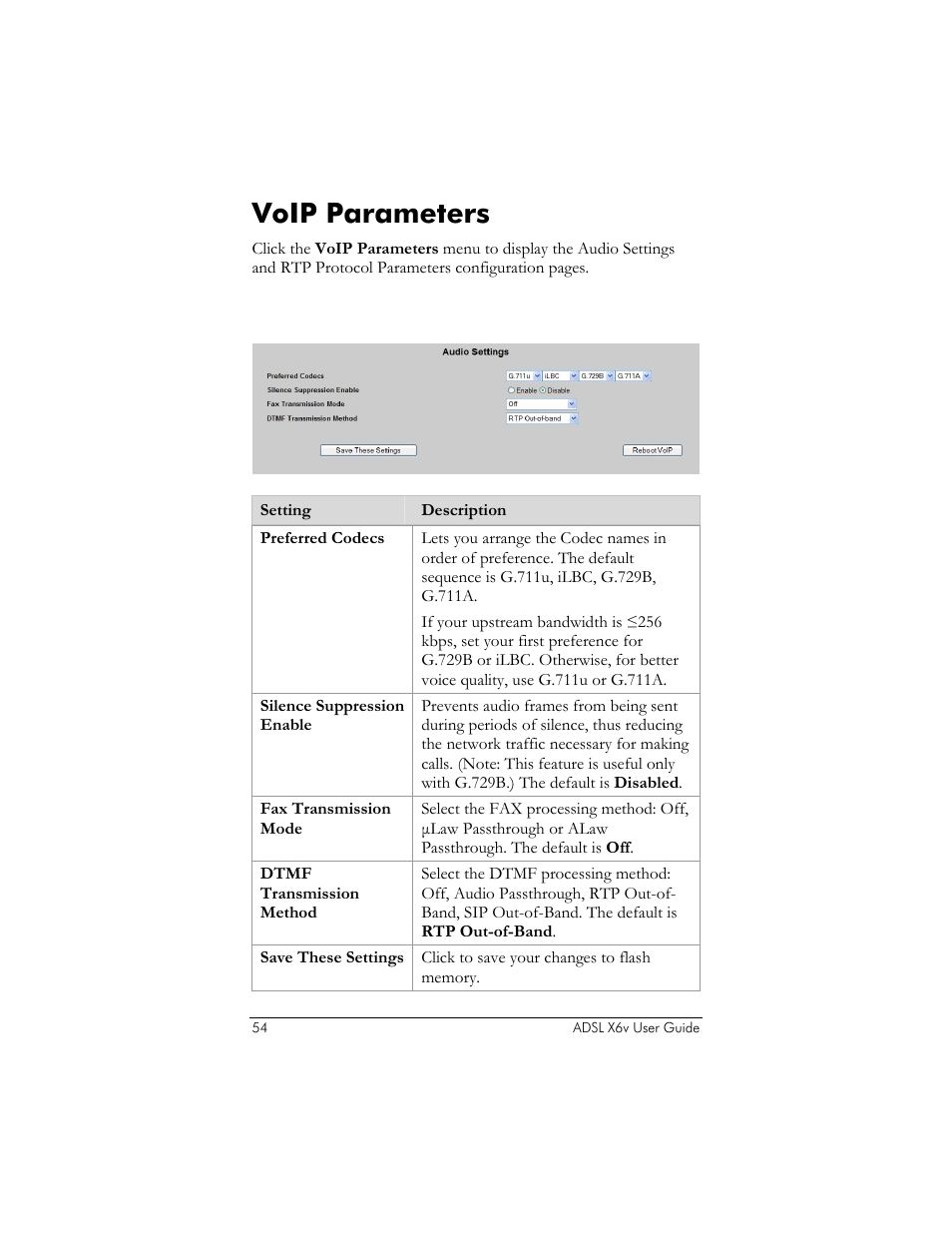 Voip parameters, Audio settings | Zoom ADSL X6v 5697 User Manual | Page 54 / 166