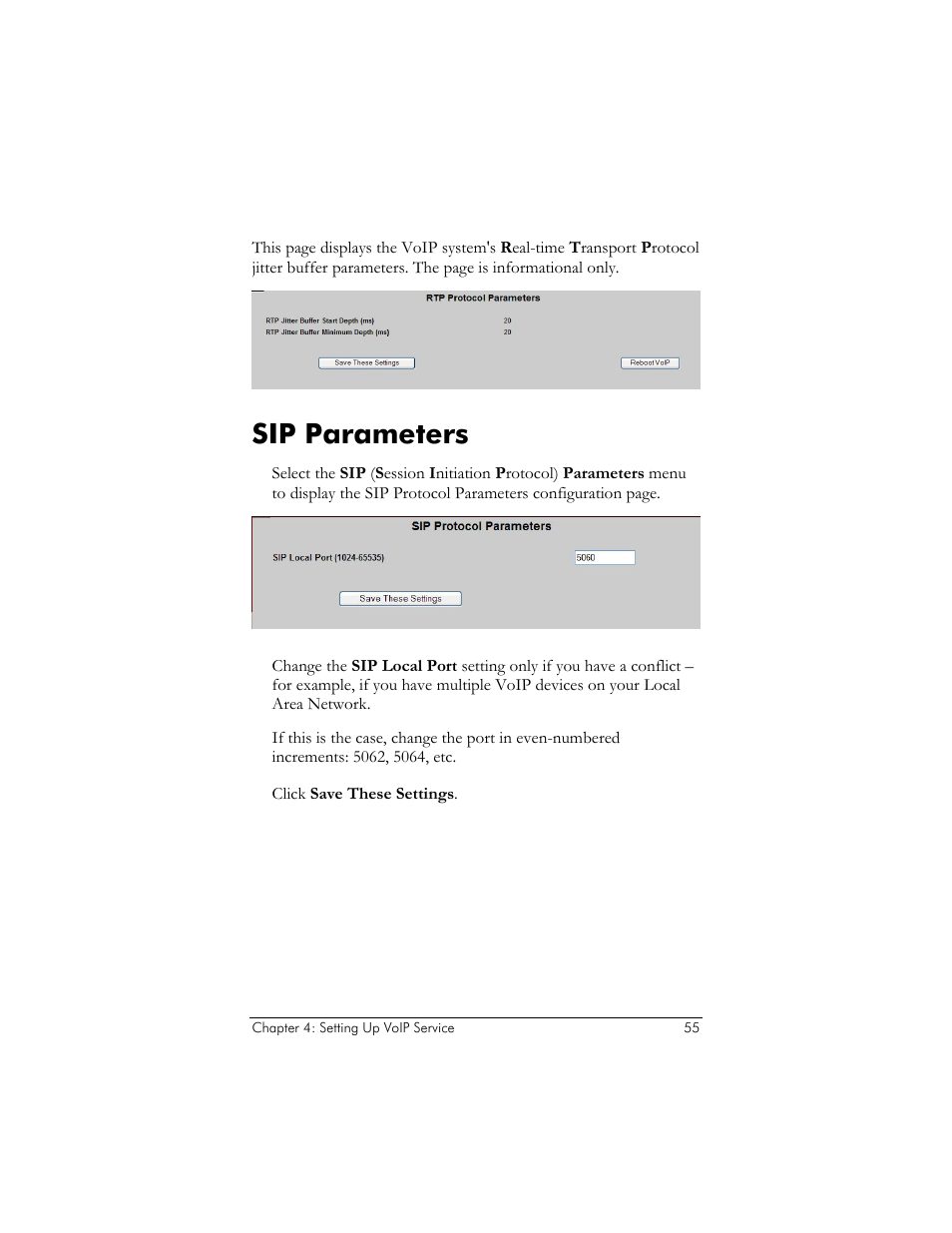 Rtp protocol parameters, Sip parameters | Zoom ADSL X6v 5697 User Manual | Page 55 / 166