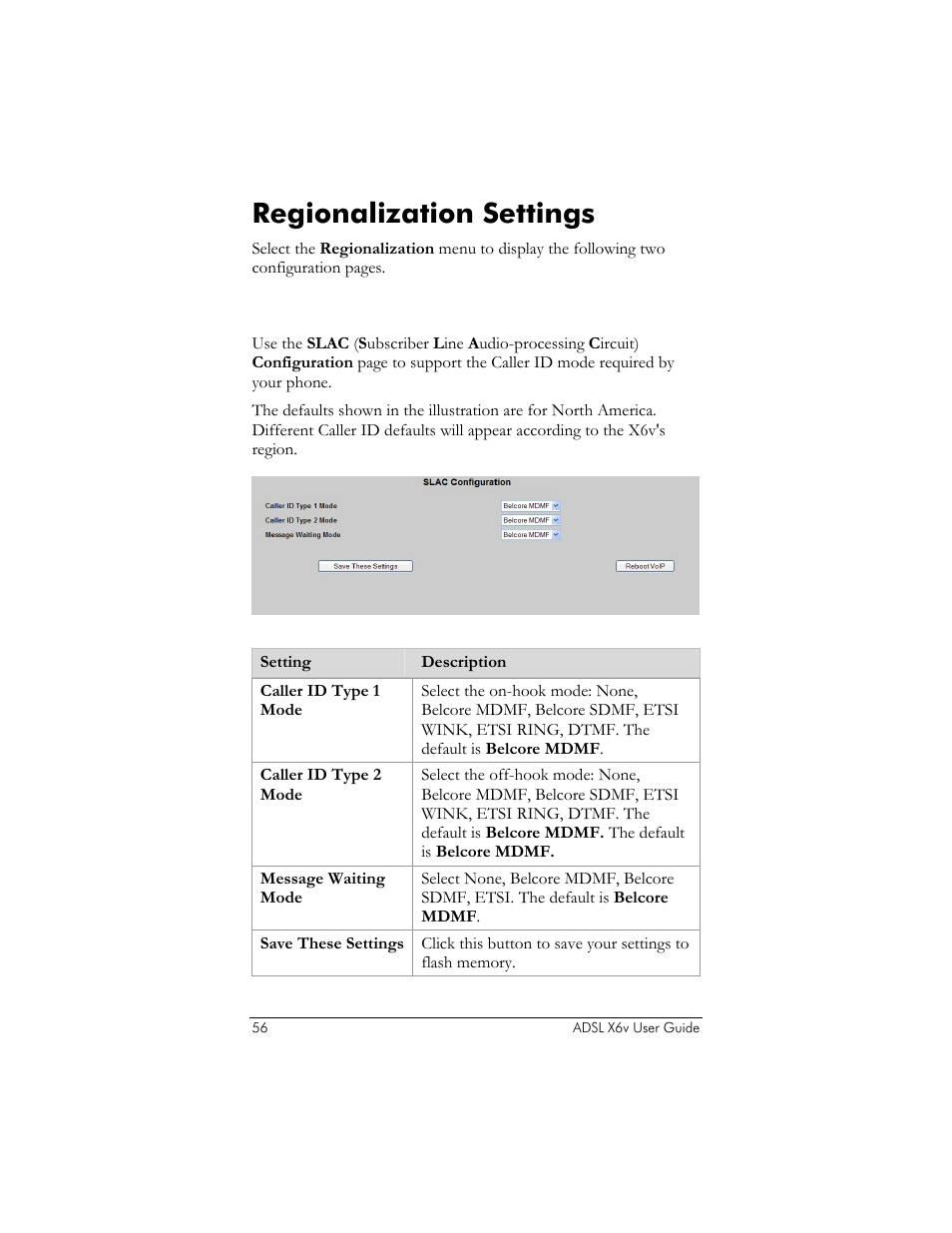 Regionalization settings, Slac configuration | Zoom ADSL X6v 5697 User Manual | Page 56 / 166