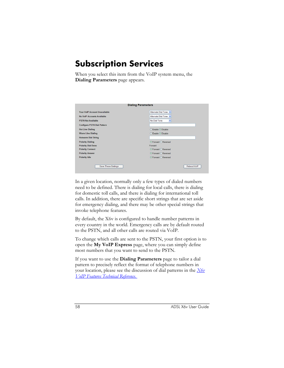 Dialing parameters, Subscription services | Zoom ADSL X6v 5697 User Manual | Page 58 / 166