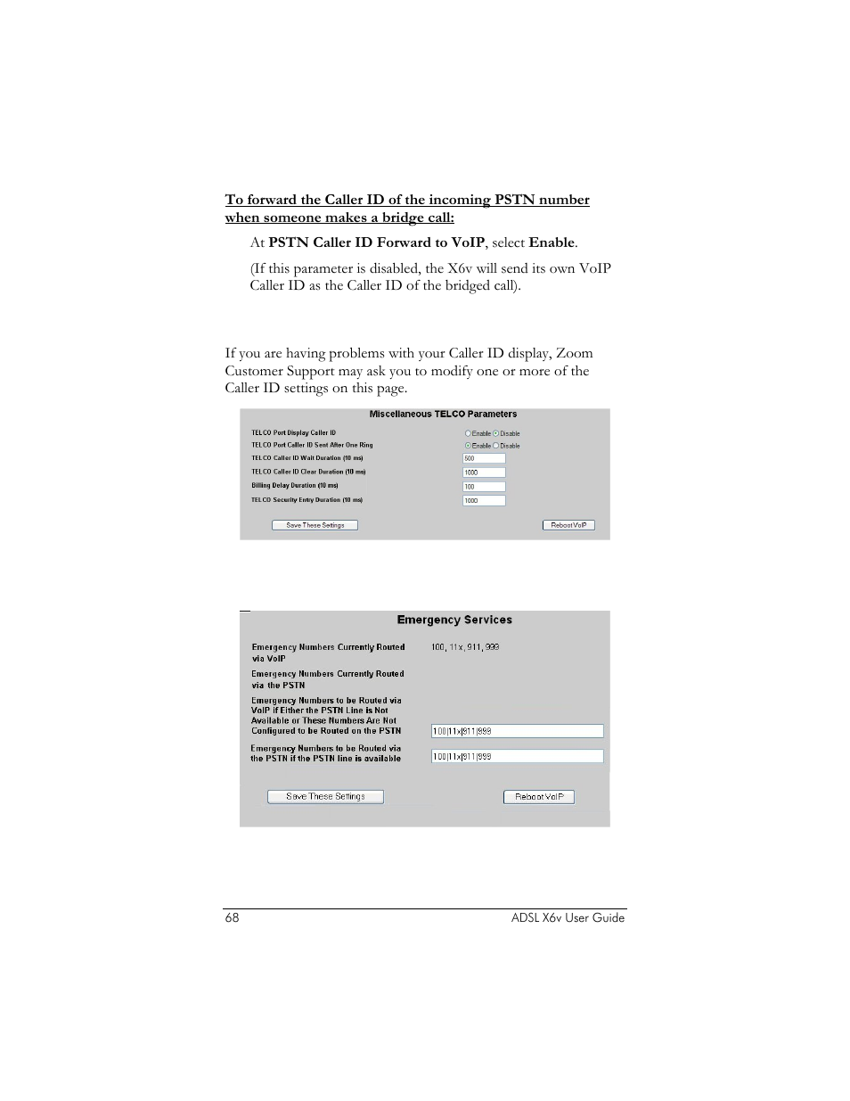 Miscellaneous telco parameters, Emergency services | Zoom ADSL X6v 5697 User Manual | Page 68 / 166