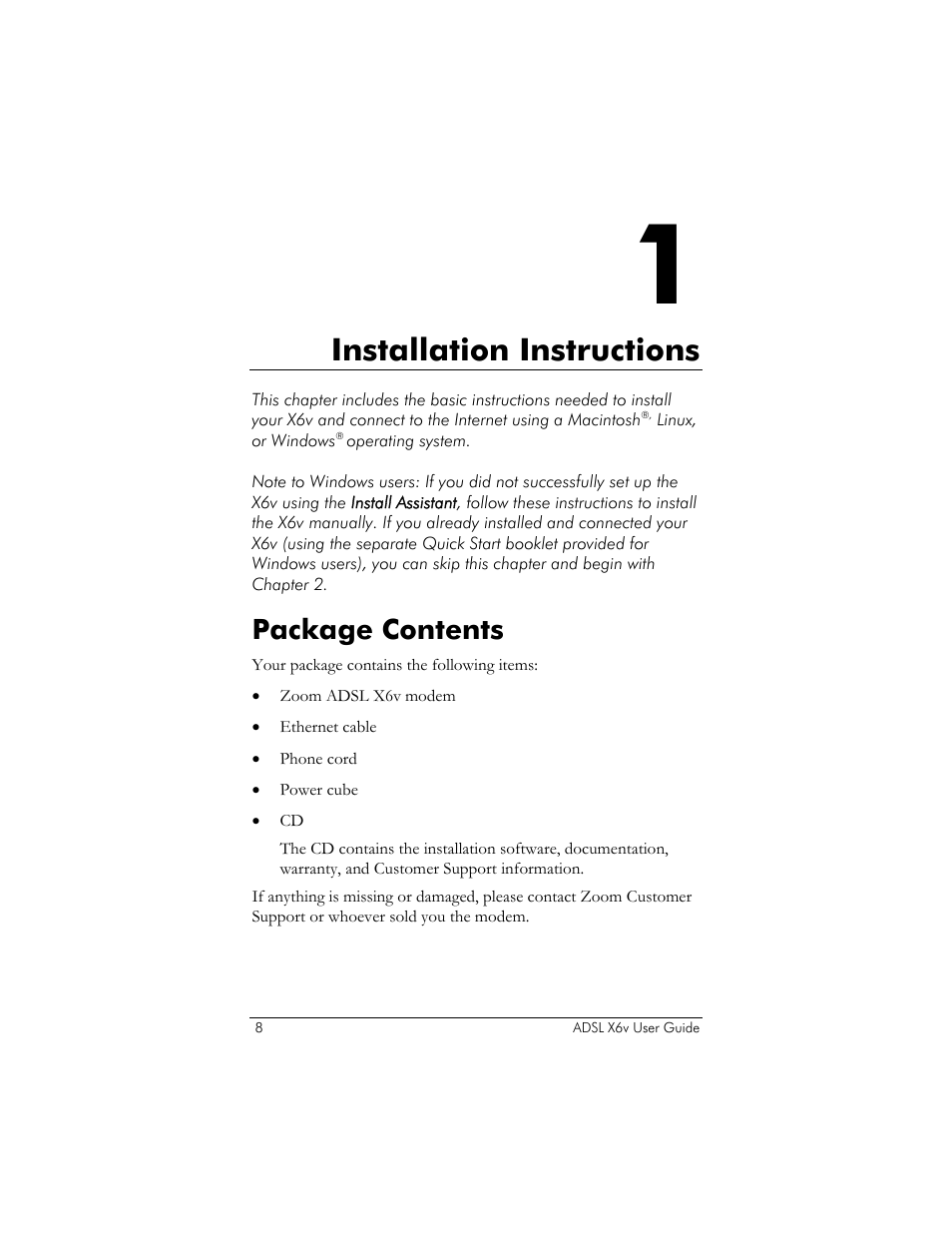 Package contents, Installation instructions | Zoom ADSL X6v 5697 User Manual | Page 8 / 166