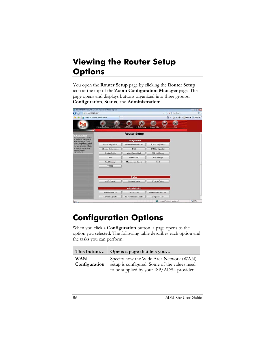 Viewing the router setup options, Configuration options | Zoom ADSL X6v 5697 User Manual | Page 86 / 166