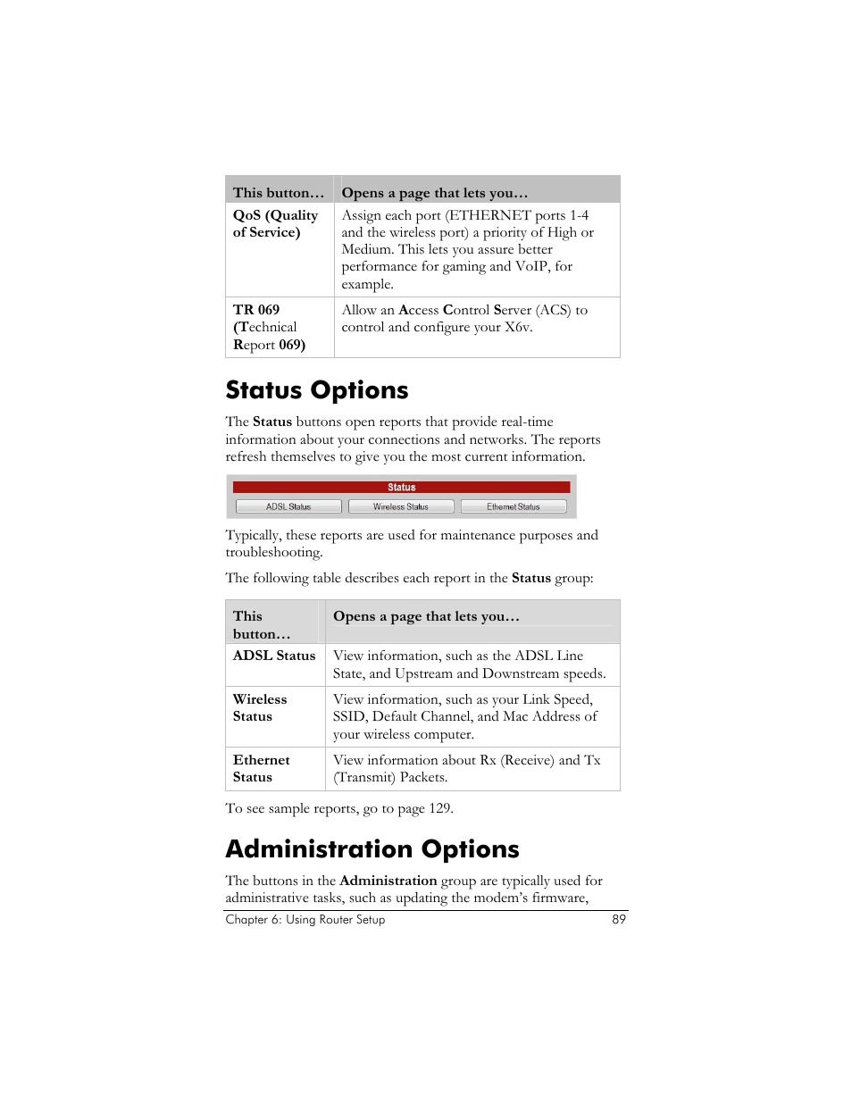 Status options, Administration options | Zoom ADSL X6v 5697 User Manual | Page 89 / 166