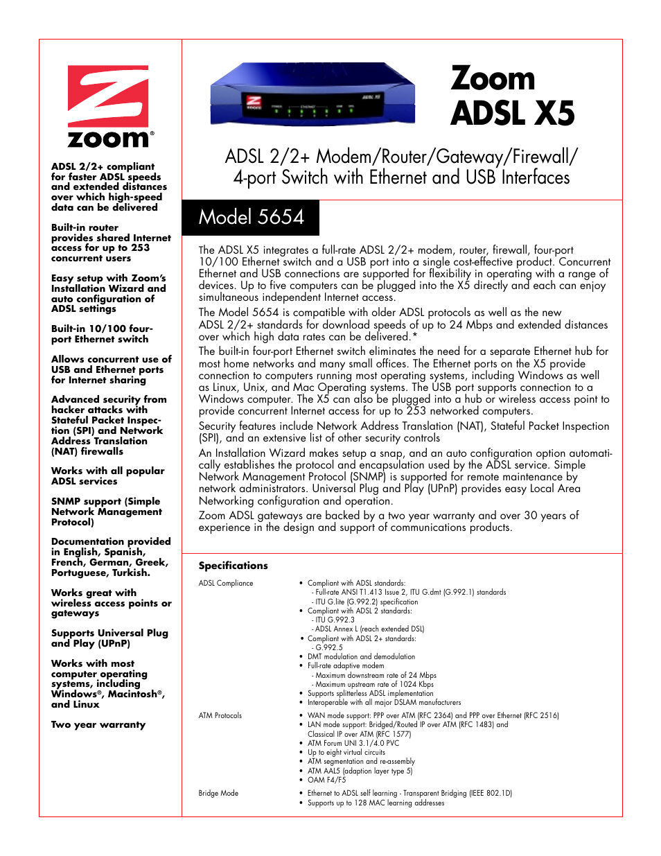 Zoom ADSL X5 5654 User Manual | 2 pages