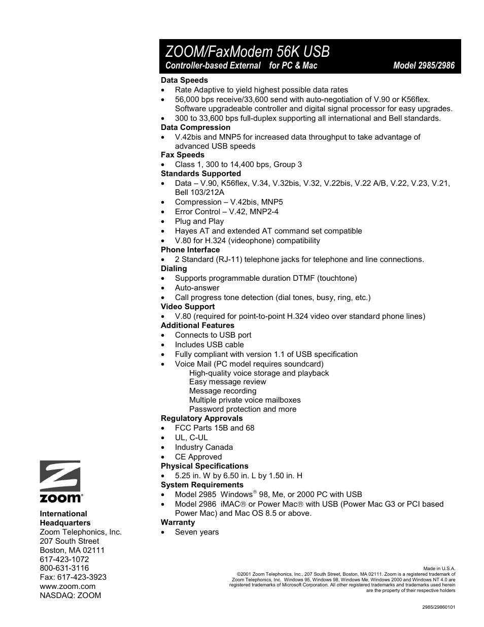 Zoom/faxmodem 56k usb | Zoom 2985 User Manual | Page 2 / 2