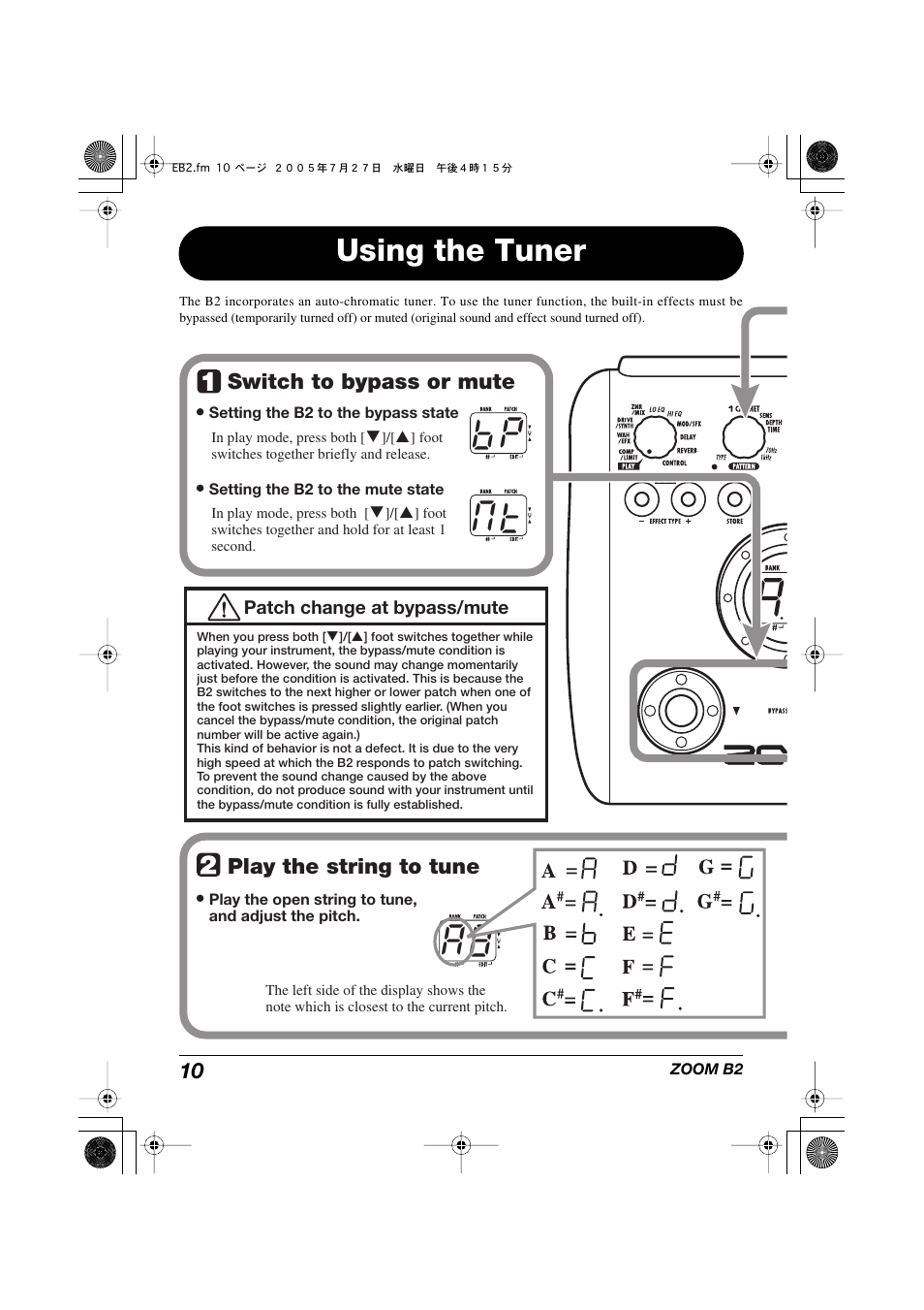 A 8 b p m t, Using the tuner | Zoom B22 User Manual | Page 10 / 33