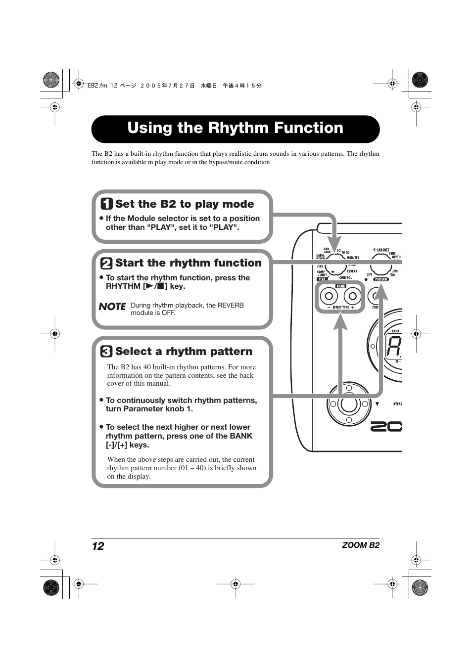 Using the rhythm function, 12 set the b2 to play mode, Start the rhythm function select a rhythm pattern | Zoom B22 User Manual | Page 12 / 33