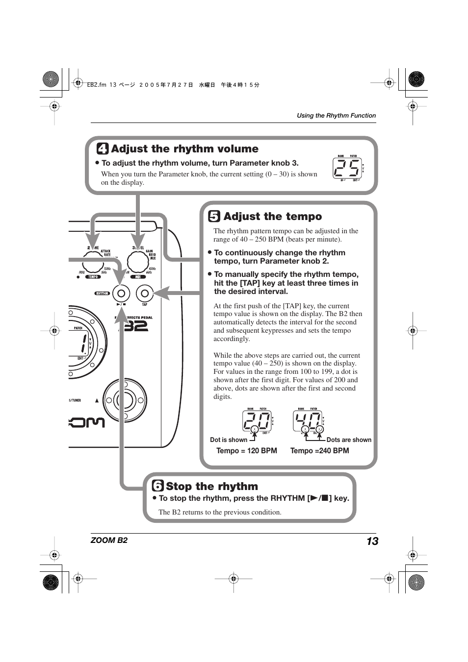 Adjust the rhythm volume, Adjust the tempo, Stop the rhythm | Zoom B22 User Manual | Page 13 / 33