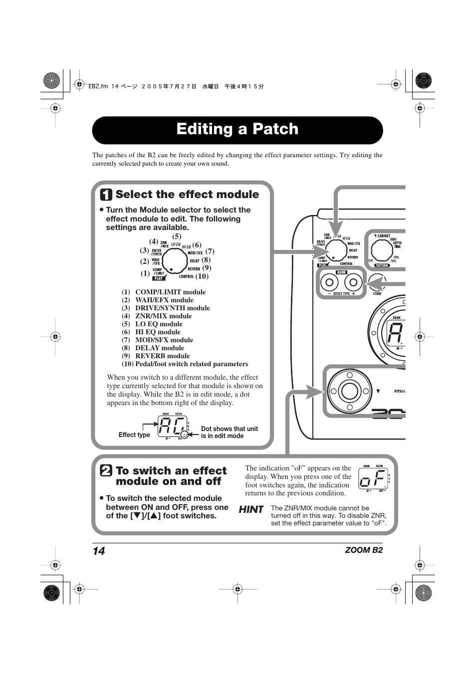 A g o f, Editing a patch, Select the effect module | Zoom B22 User Manual | Page 14 / 33