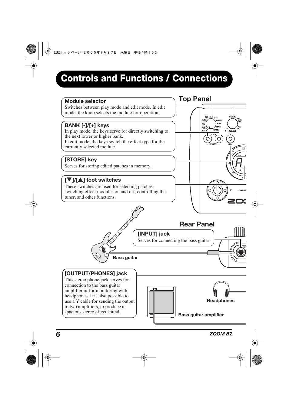 Controls and functions / connections, Top panel rear panel | Zoom B22 User Manual | Page 6 / 33