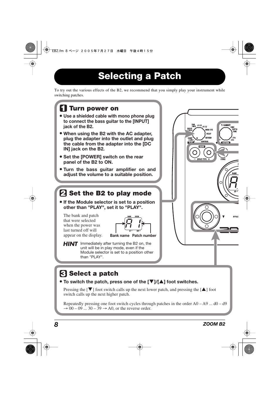 Selecting a patch, Turn power on set the b2 to play mode, Select a patch | Zoom B22 User Manual | Page 8 / 33