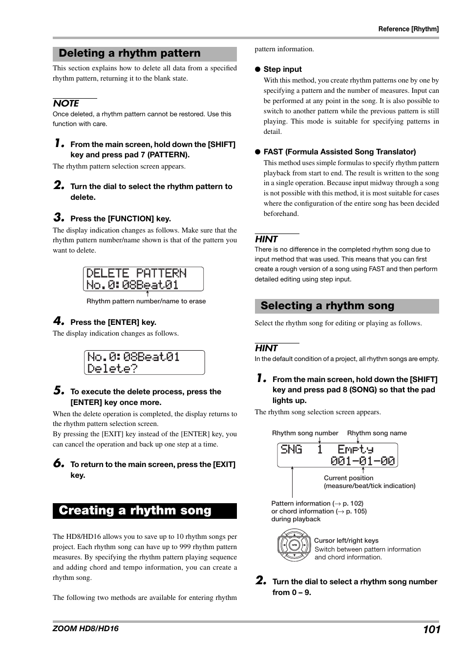 Creating a rhythm song, Deleting a rhythm pattern, Selecting a rhythm song | Zoom HD16 User Manual | Page 101 / 213
