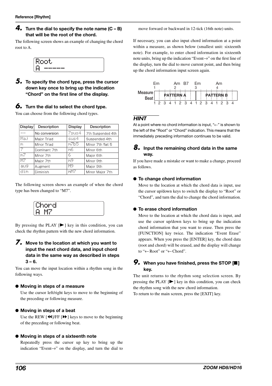 Root root a ----- a, Chord chord a m7 a m7 | Zoom HD16 User Manual | Page 106 / 213
