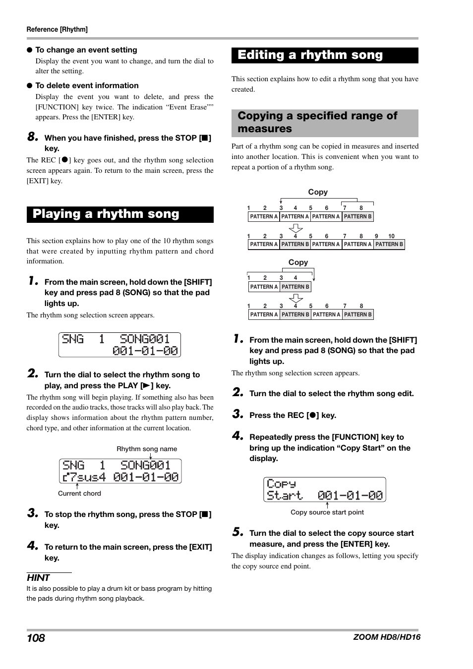 Playing a rhythm song, Editing a rhythm song, Copying a specified range of measures | Zoom HD16 User Manual | Page 108 / 213