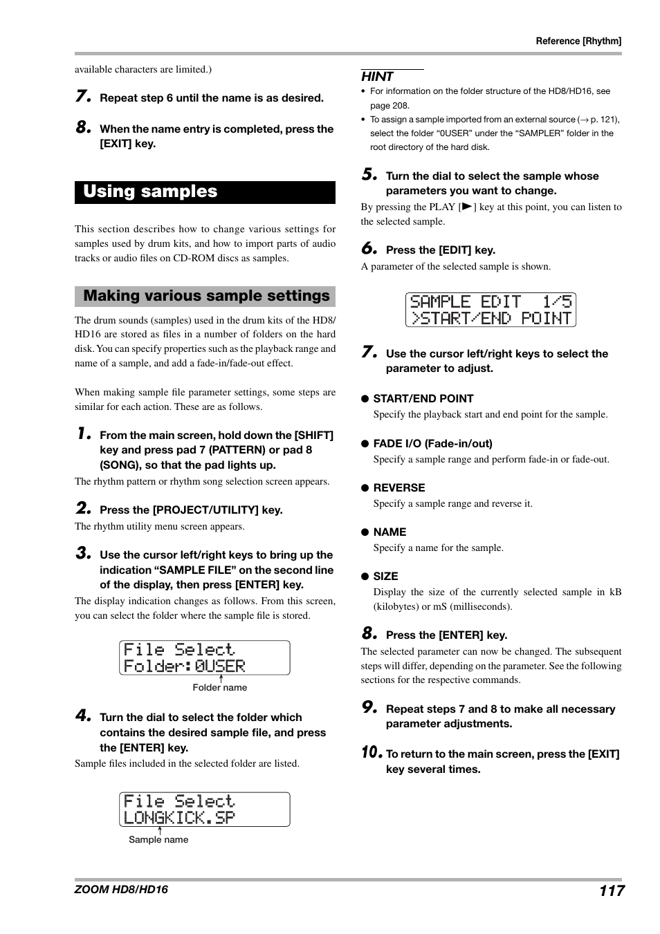 File select file select folder:0user folder:0user, File select file select longkick.sp longkick.sp, Using samples | Making various sample settings | Zoom HD16 User Manual | Page 117 / 213