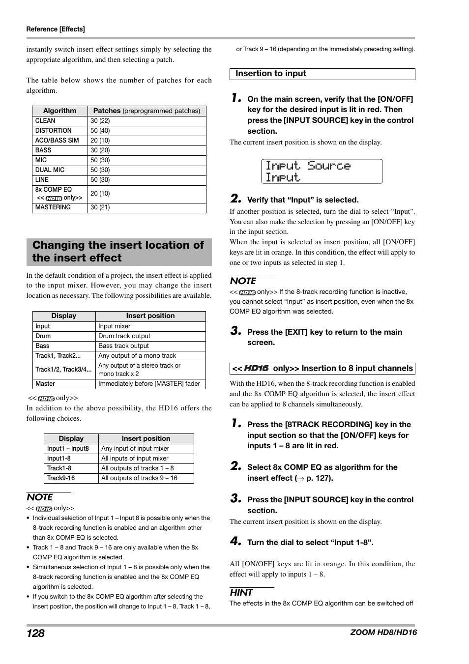 Input source input source input input, Changing the insert location of the insert effect | Zoom HD16 User Manual | Page 128 / 213