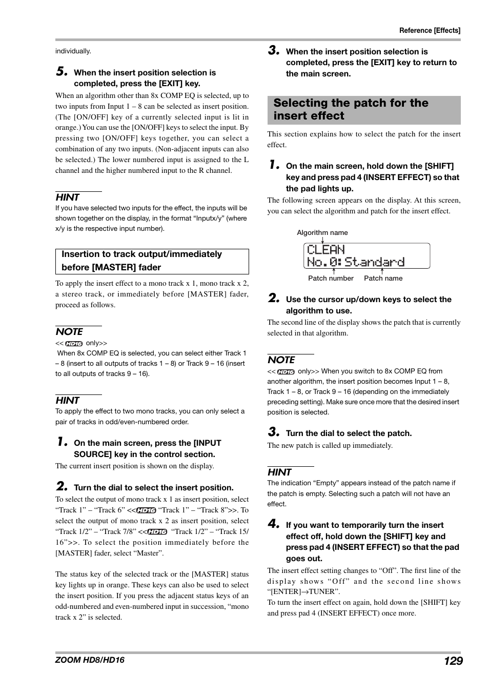 Clean clean no.0:standard no.0:standard, Selecting the patch for the insert effect | Zoom HD16 User Manual | Page 129 / 213