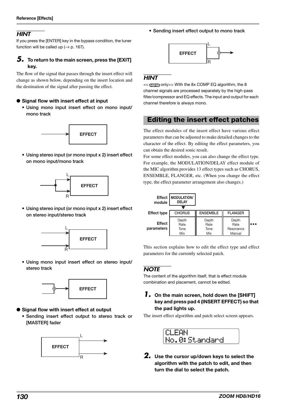 Clean clean no.0:standard no.0:standard, Editing the insert effect patches | Zoom HD16 User Manual | Page 130 / 213