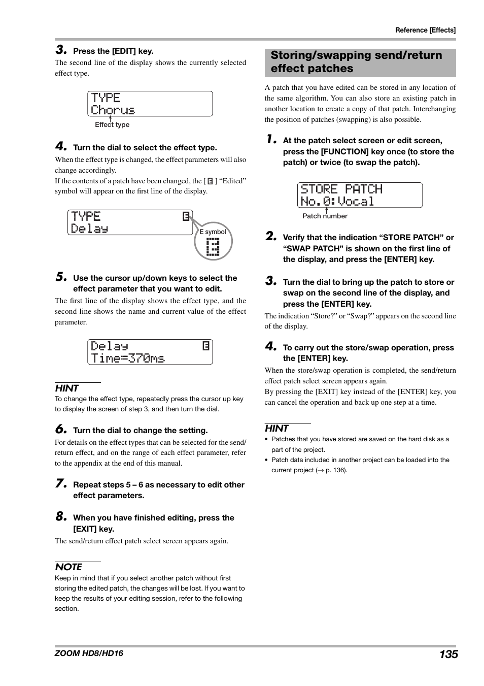 Type type chorus chorus, Type, Type t delay delay | Delay, Store patch store patch no.0:vocal no.0:vocal | Zoom HD16 User Manual | Page 135 / 213