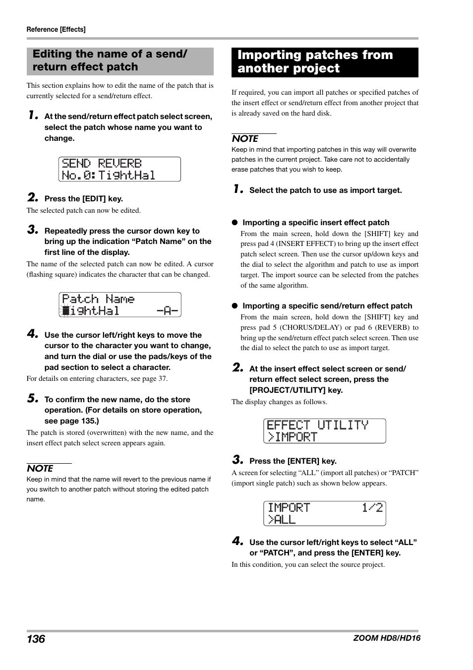 Importing patches from another project | Zoom HD16 User Manual | Page 136 / 213
