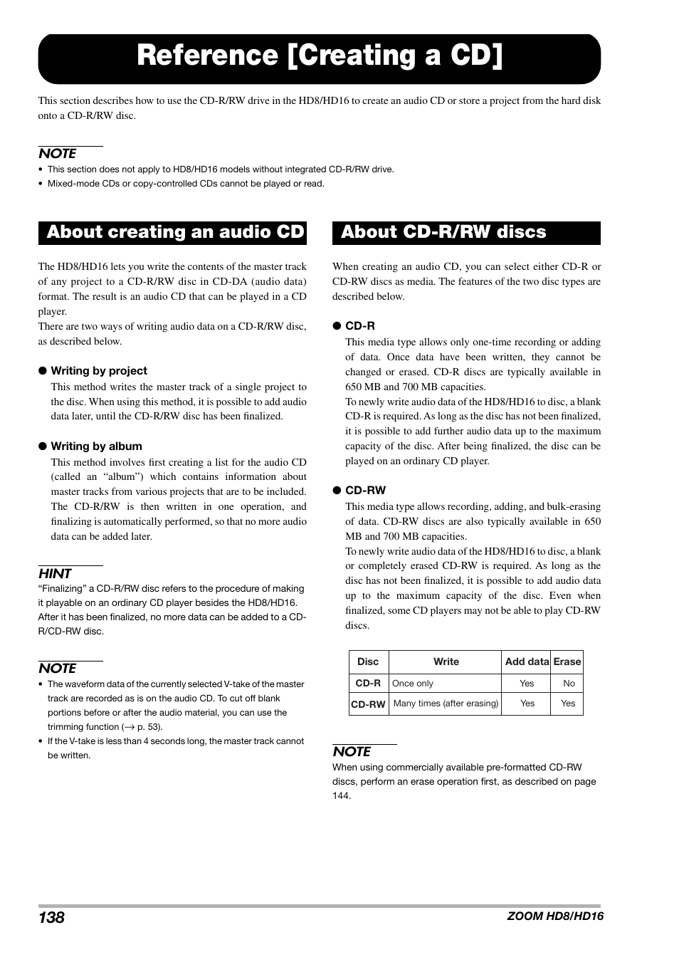 Reference [creating a cd, About creating an audio cd about cd-r/rw discs | Zoom HD16 User Manual | Page 138 / 213