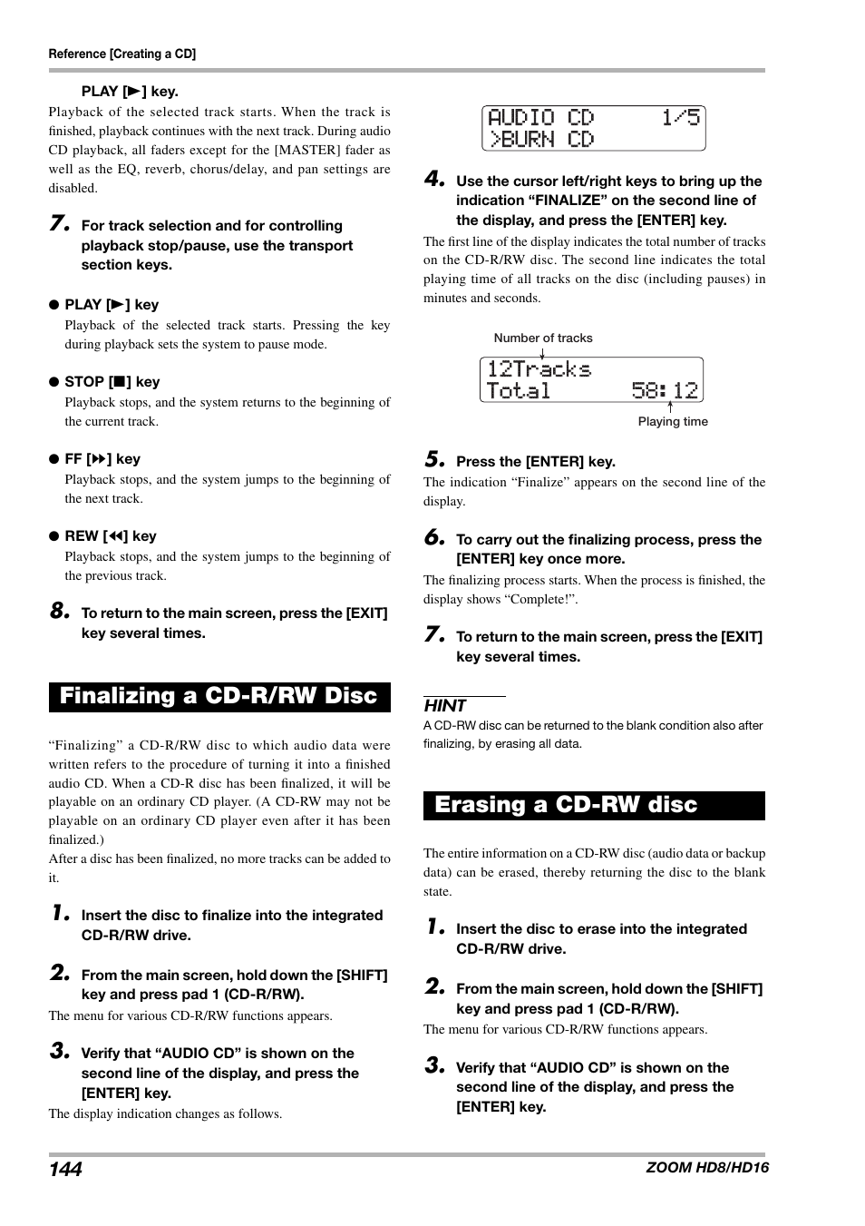 Finalizing a cd-r/rw disc erasing a cd-rw disc | Zoom HD16 User Manual | Page 144 / 213